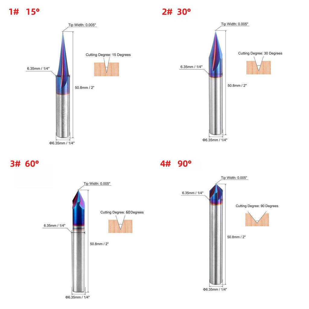 1/4" Shank V-Groove 3-Flute Nano Blue Carbide Woodworking Engraving Cutter