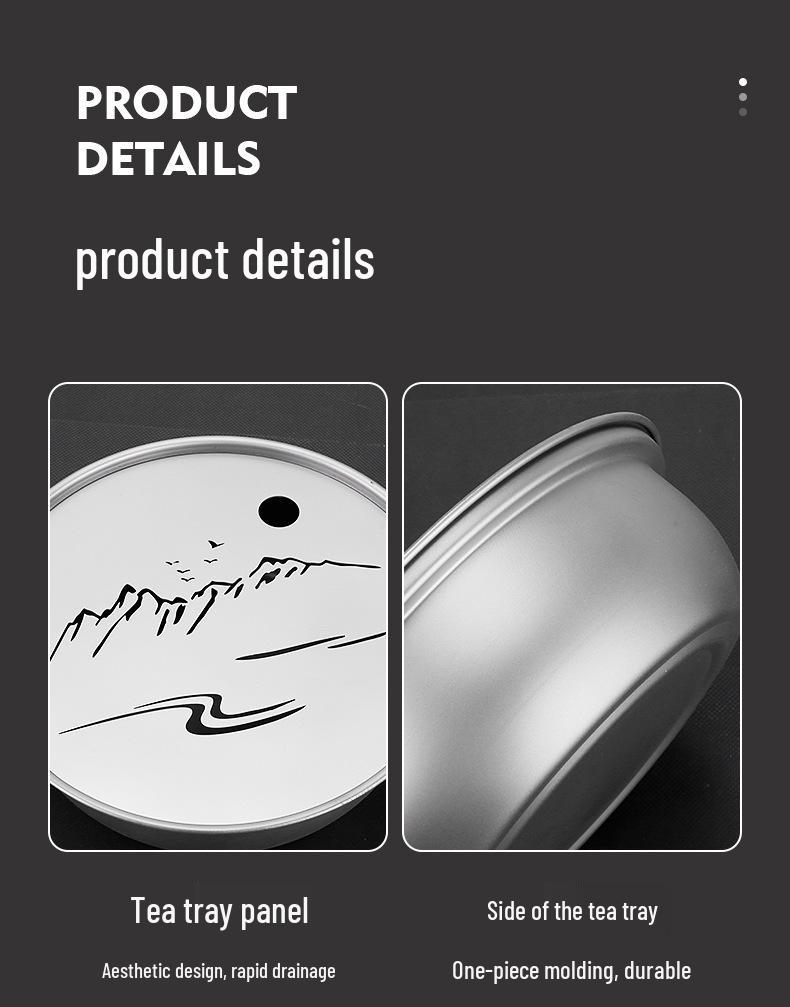 Pure Titanium Tea Tray: Mountain & Water Design, Large Capacity, Chaoshan Gongfu Tea Set, Round Base, Healthy Tea Ceremony Table.