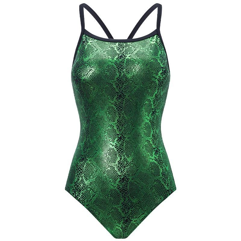 Green Snake-pattern Racing Swimsuit Women's Swimming Pool Sports One-piece Triangular Low Split Belly Cover Slimming Hot
