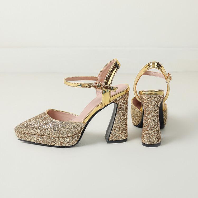 

Женские блестящие серебряные босоножки на высоком каблуке с блестящими золотыми пайетками, белые, черные, с пряжкой, закрытые босоножки, обувь для вечеринок 39