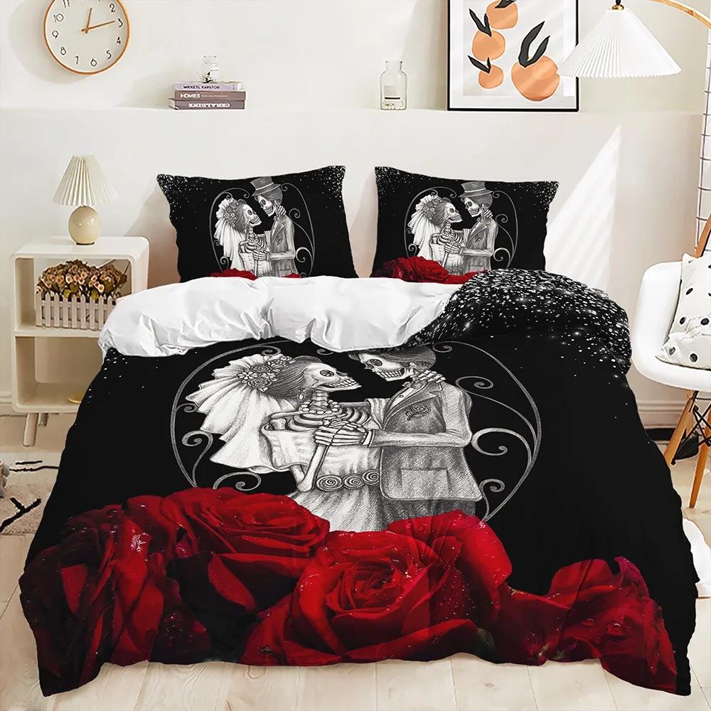 Comforter Rose And Skulls Bedding Set For Kids All Season Twin Full Queen King Size Bed Set Bedroom s Red