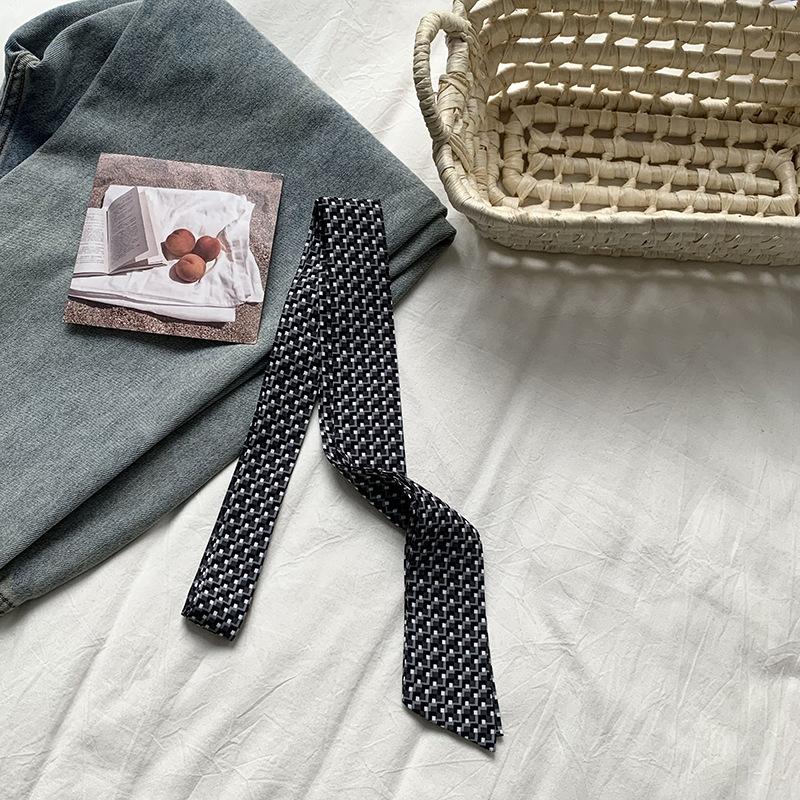 Silk scarf long strip high-end thin and narrow scarf women wear silk scarf polka dot plaid printing streamer