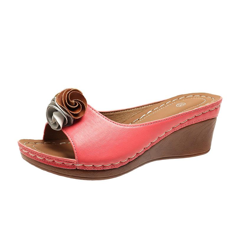 Flower color matching thick-soled one-word slippers women's outer wear wedge heel light solid color cool slippers