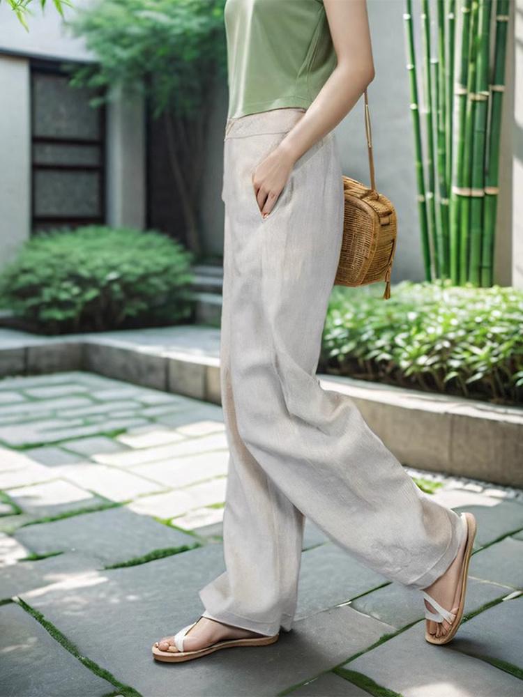 Women's Summer 2026 Japanese Linen Wide-Leg Pants - Lightweight, Slimming, Straight-Leg, Casual Trousers