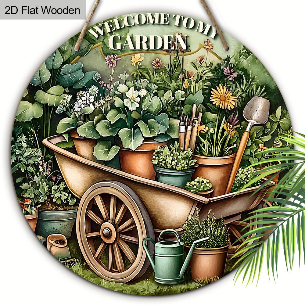Houten Welkomstbord voor Tuin 7,87 Inch Rond - 2D Vlak Bedrukt Houten Bord voor Huisdecoratie - "Welkom In Mijn Tuin" - Perfect voor Huis, Keuken