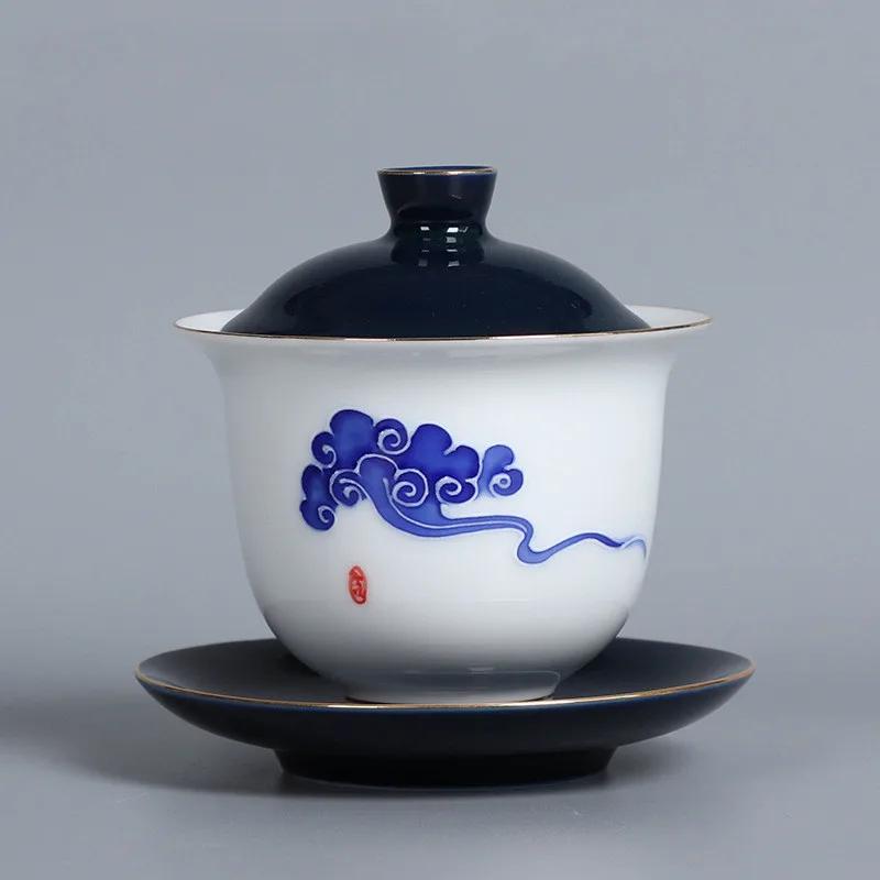 

High Quality White Porcelain Gaiwan Portable Ceramic Tea Set Chinese Hand Painted Tea Bowl Tea Ceremony Accessories 170ml 9.3x11cm 170ml
