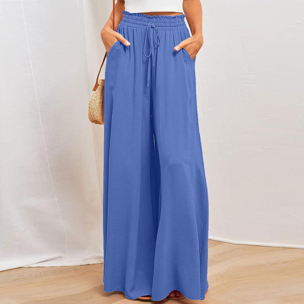 Women's Color Trousers Elastic Belt Wide Leg High Waist Long Culottes