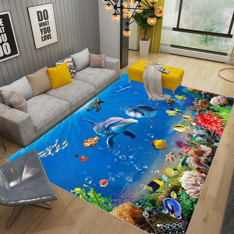 Underwater World Ocean Theme Carpet Cute Dolphin Octopus Sea Turtle Pattern Anti-slip Floor Mat for Living Room Bedroom Bathroom