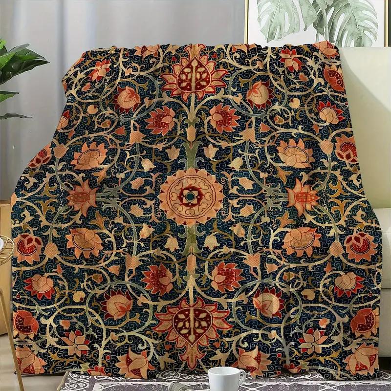 1Pc Vintage Floral Flannel Blanket Green Plant Plaid 3D Printed Warm Cozy Soft Rug For Sofa Bed Couch Car Camping Travel Blanket