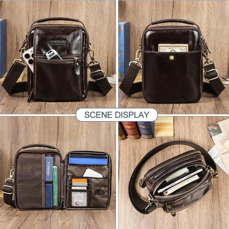 Black Angel Head Leather Passport Boarding Pass Storage Men's Shoulder Bag Multi Functional Genuine Crossbody