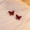 Autumn And Winter Retro Red Flocking Bow Stud Earrings, French Gentle Plush Premium Butterfly Pearl Earrings