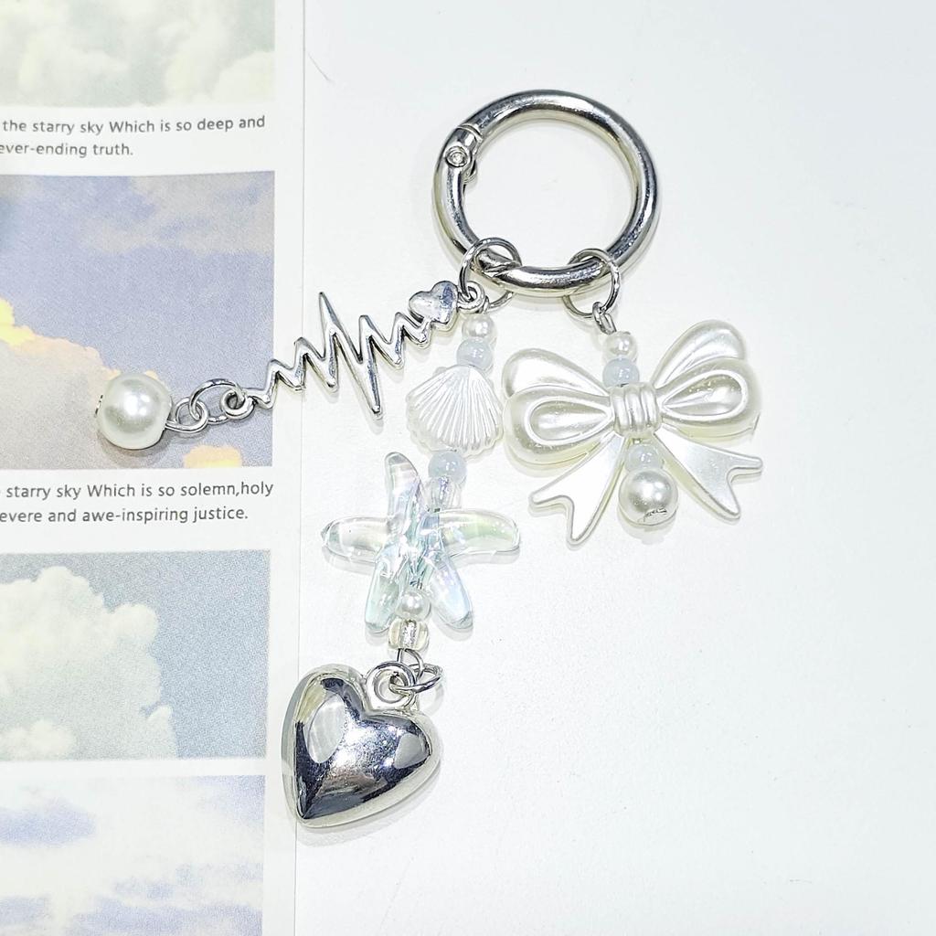 Korean Heart Pearl Bow Chain Pendant Keychain for Mobile Phones
