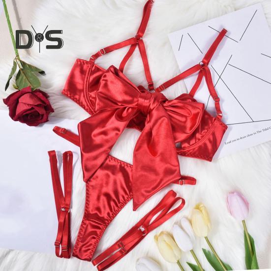 2Pcs/Set Women Sexy Faux Satin Underwear Set Lace Up Bowknot Underwire Push Up Bra Adjustable Strappy Thong Set