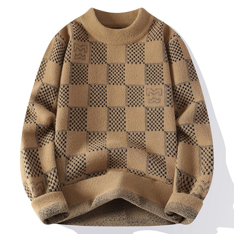 Checkered Sweater for Men's Autumn and Winter New Fashion Brand Jacquard Knitted Sweater with Half High Collar and Bottom Layer