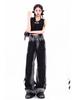 Women's Summer 2024 Black & Gray Gradient Wide-Leg Denim Pants: Slimming, Draping, Floor-Length, Straight-Leg
