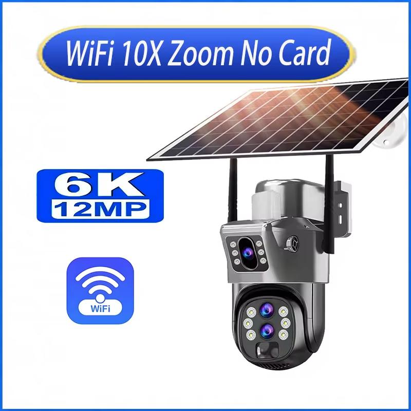 6K 10X Zoom WiFi Solar-Außenkamera Drei Objektive 12MP HD Nachtsicht PTZ Überwachung PIR Auto Tracking Drahtlose Netzwerkkamera