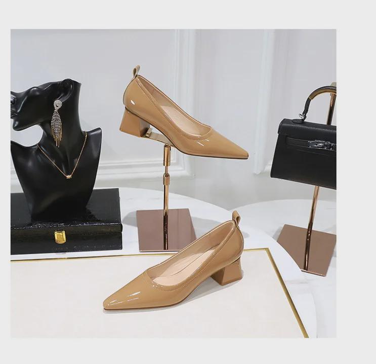 Korean Patent Leather Pointed-Toe Women's Shoes - Fashionable, Simple, Comfortable with Versatile Thick Medium Heel