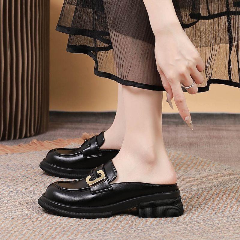 Leather Bag Head Half Slippers Women's 2025 New Versatile Casual Lazy One-pedal Doudou Shoes Thick Heel Half Shoes Women