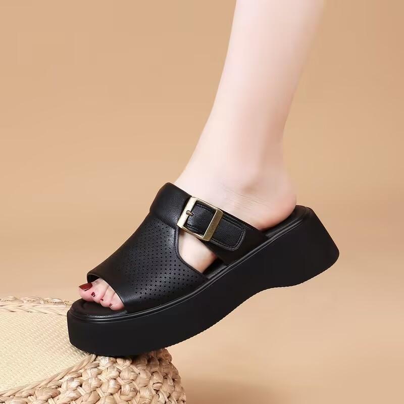 

Summer new thick-soled retro belt buckle soft-soled fashionable outer wear cool slippers women s height increase non-slip one-word drag 40