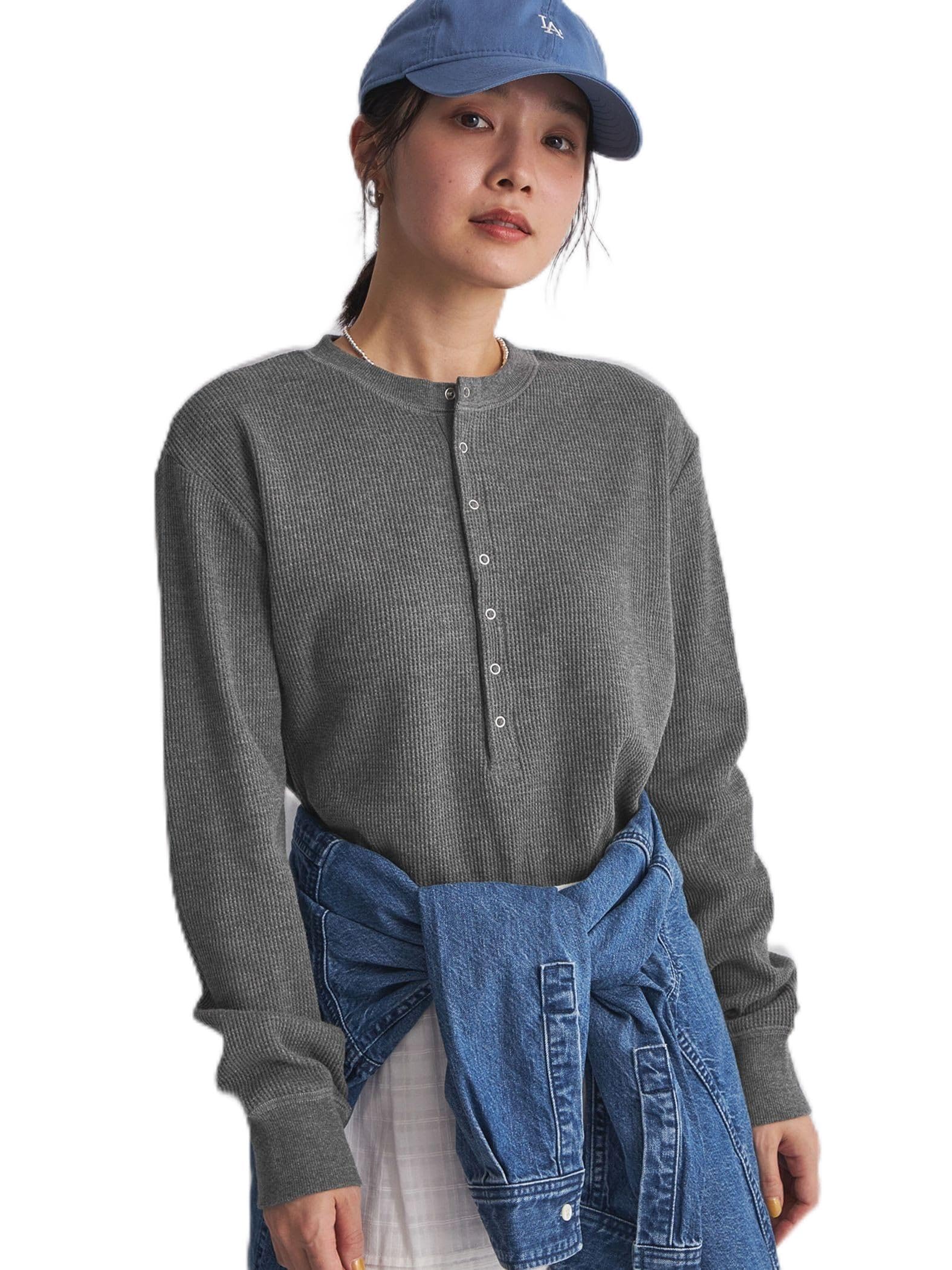 

[United Arrows Green Label Relaxing] at ease Henley Neck Waffle Pullover Cut and Sew 36121992513 1900 DK.GRAY(19) FREE