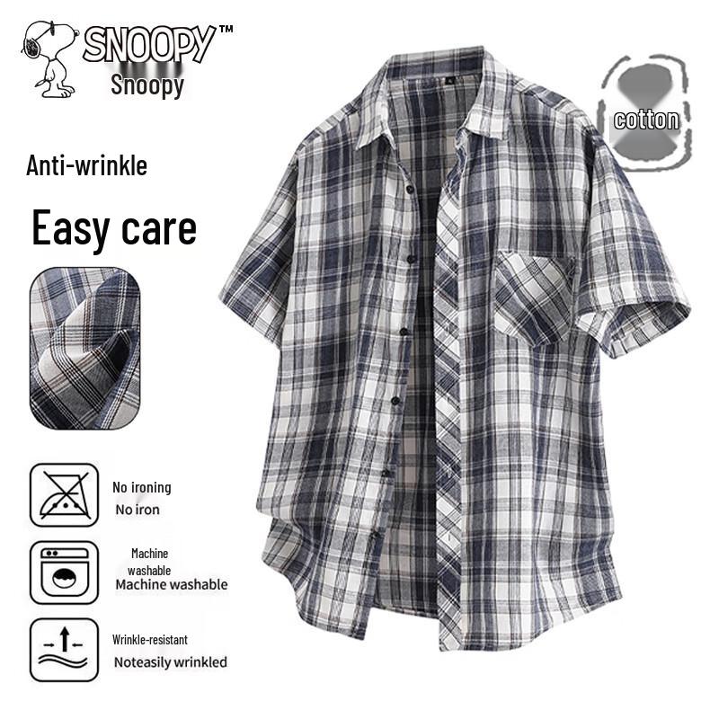Snoopy Men's Plaid Short Sleeve Casual Shirt
