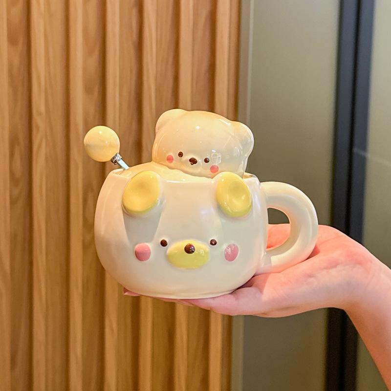 Cute Cream Bear Cup, Girls Ceramic Mug, High-value Souvenir, Practical Birthday Gift for Girlfriends