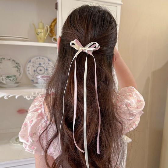 2Pcs Hair Rope Double Layer Soft Fabric Long Ribbon Hand-Sewn Bow Decor Hair Tie Princess Hairstyles Versatile Hair Accessory