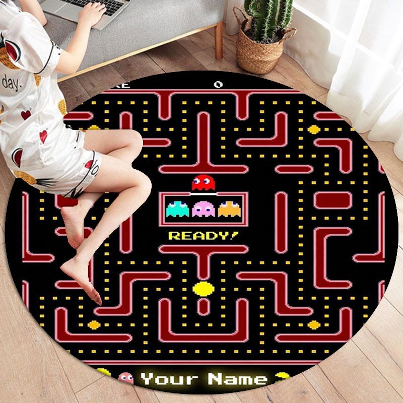 Pac-Man Custom Name Round Area Rug,Carpet Rug for Living Room Bedroom Sofa Playroom Decor,Non-slip Floor Mat