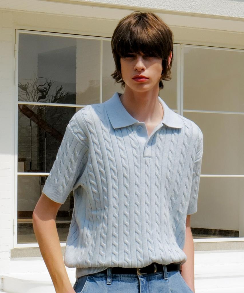 MINAV Soft Cotton Cable Collar Knit [Pastel Blue]
