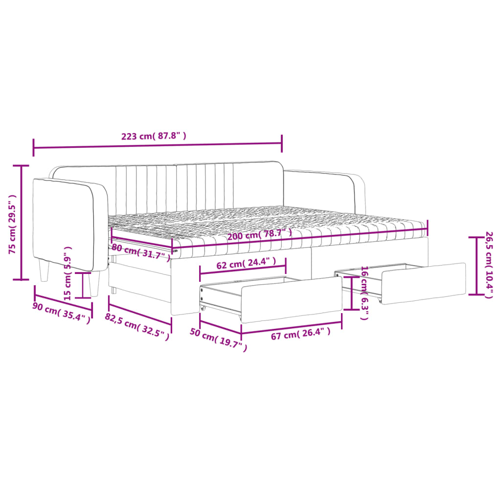 Extendable Daybed with Drawers Black 80x200 Cm Velvet