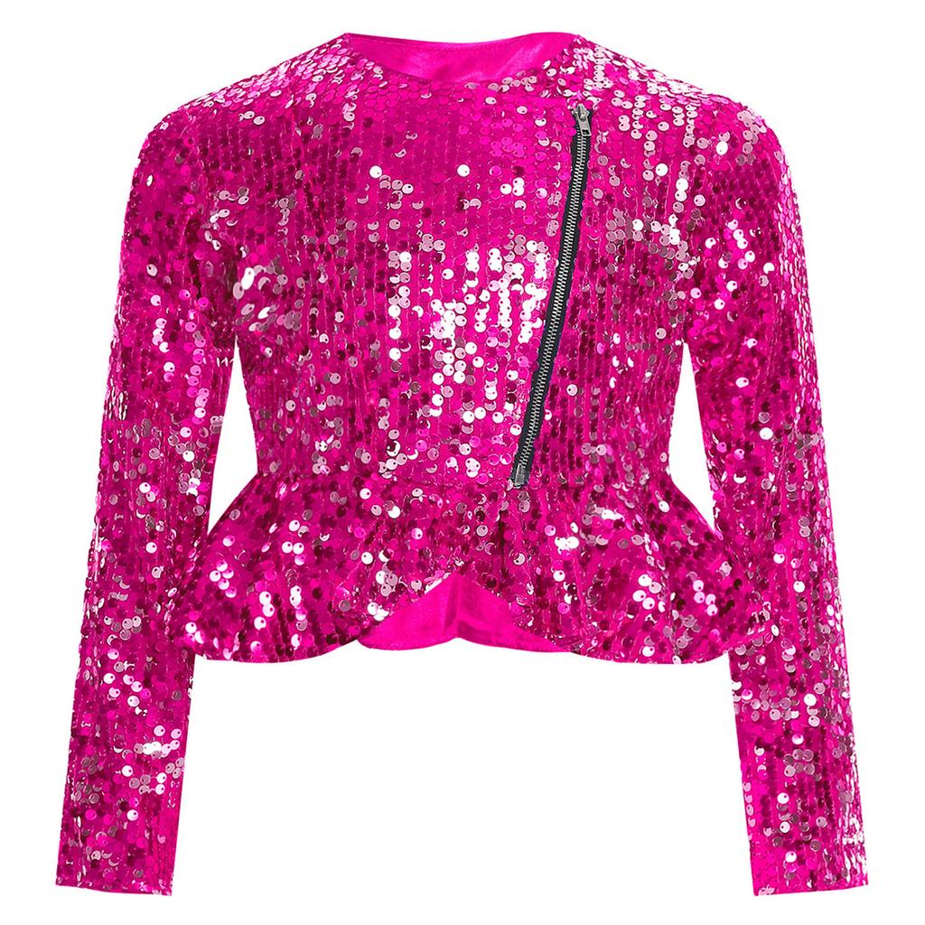 Mädchen Pailletten Strickjacke Oberteil Langarm Doppelreißverschluss Schößchen Design Cropped Jacke Geburtstagsparty Oberbekleidung