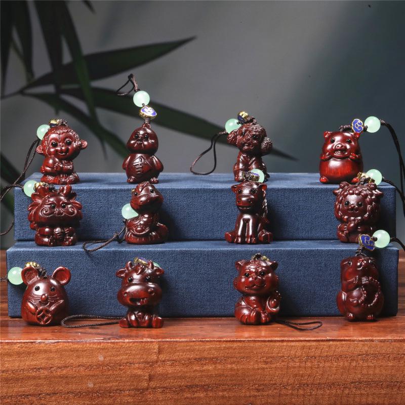 Zodiac Purple Sandalwood Pendant Keychain with Phone Lanyard - Rat, Tiger, Rabbit, Dragon, Monkey, Pig