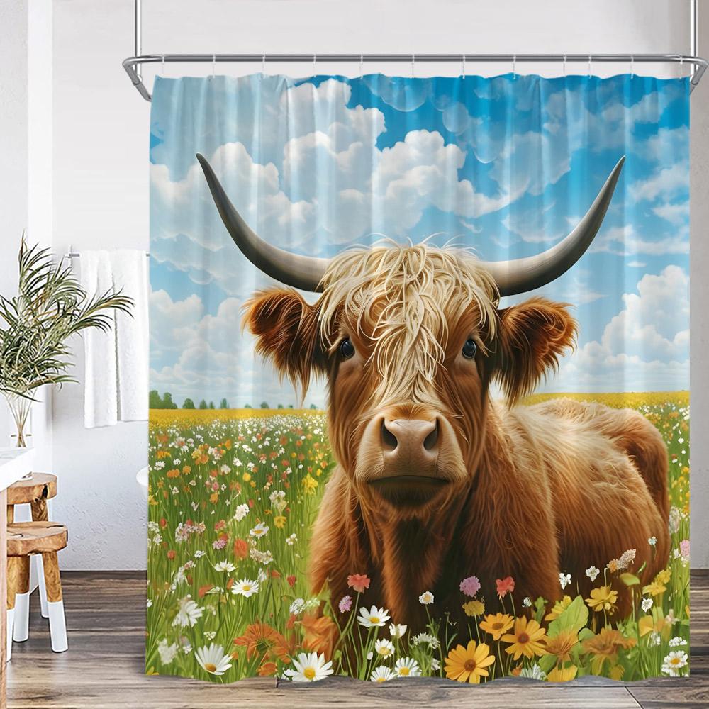 Highland Cow Farmland Shower Curtains Countryside Scenery Funny Animals Bathroom Decorations Grassland Polyester Bath Curtain