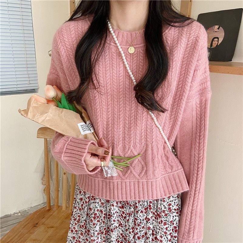 2023Vintage Fried Dough Twists Pulovr svetr pro ženy na podzim a zimu Korejský svetr s volným dlouhým rukávem úplety Top