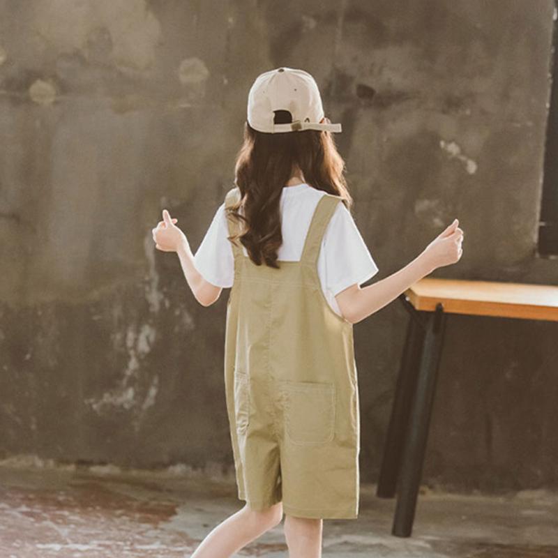 2 Pcs/set Children  Suit Cotton Solid Color Short-sleeve Top + Bib Pants Suit For 7-12 Years Old