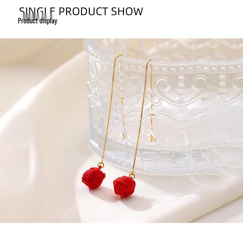 Banyan Tree S925 Silver Heart Knot Festive Long Red New Year Earrings for Women