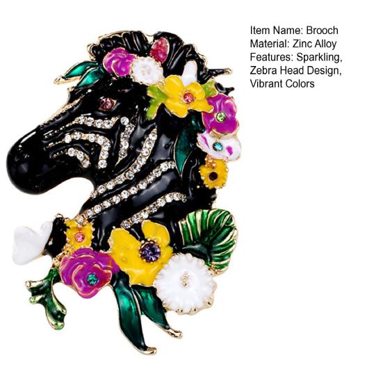 Zebrahuvud Emaljbrosch Strass Zebra Lapel Pin med Blommor Färgstark Häst Djur Brosch Pin Gåva för Kvinnor Män