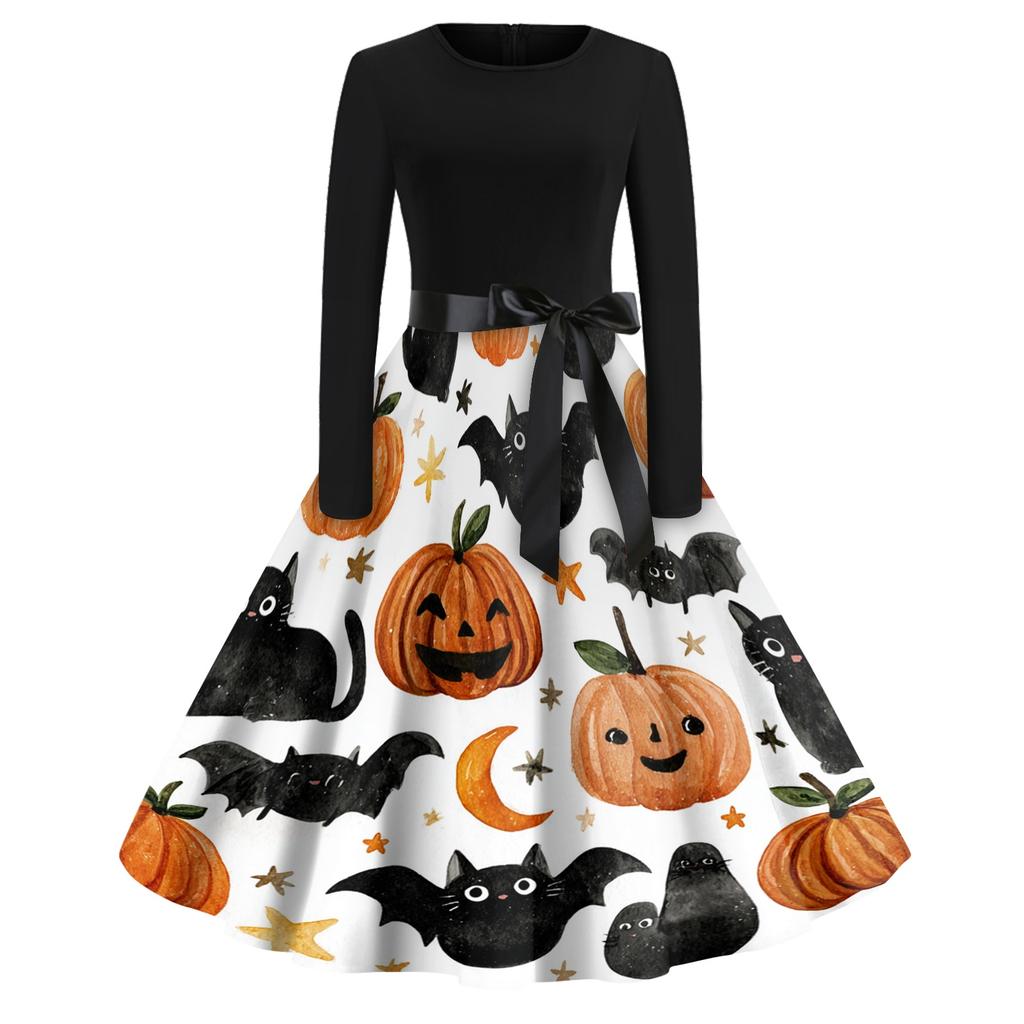 Women Casual Long Sleeve Dress Vintage Round Neck Floral Print Midi Dress with Waist Tie for Halloween Party
