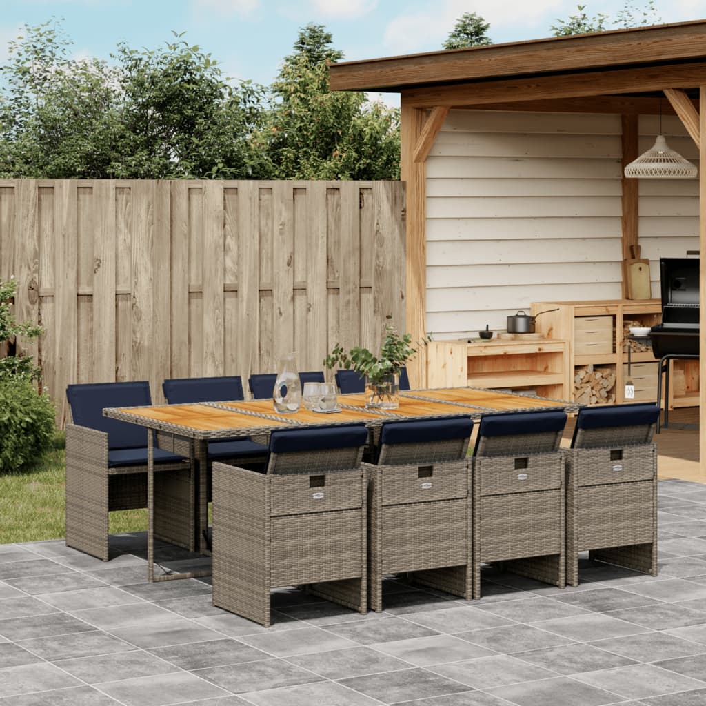 9 Piece Garden Dining Set with Cushions Gray Poly Rattan