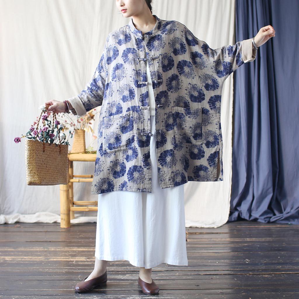 Johnature Women Vintage Bat Sleeve Print Floral Stand Coats Chinese Style Cloths Spring Loose Coats