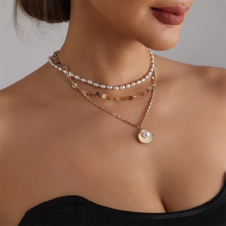 Versatile Geometric Shell Pearls Drop Necklace Adjustable Alloy Collarbone Chain For Creative Styling Expression