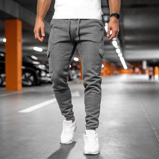 Pánské zimní tepláky se stahovací šňůrkou v pase, joggery s fleecovou podšívkou a několika kapsami, jednobarevné silné cargo kalhoty do práce a pro street wear