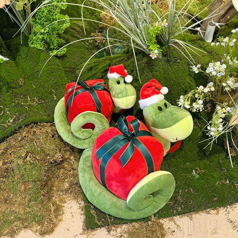 Fun Cartoon Christmas Snake Stuffed Doll Carrying Gift Box Christmas Hat Green Snake Stuffed Toy Holiday Home Decoration