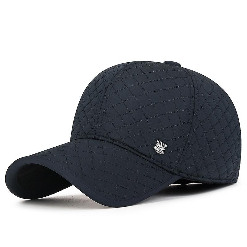 Men's Autumn Winter Velvet Thick Ear Protection Cold-Proof Warm Baseball Cap Rhombic Embroidered Duck Tongue Cotton Cap