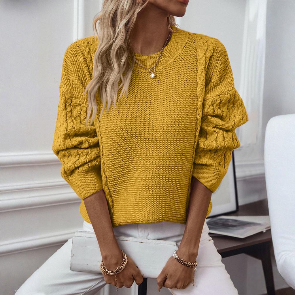Women's Fashion Casual Round Neck  Twists Knitwear Solid Color Pullover Long Sleeve Loose Sweater