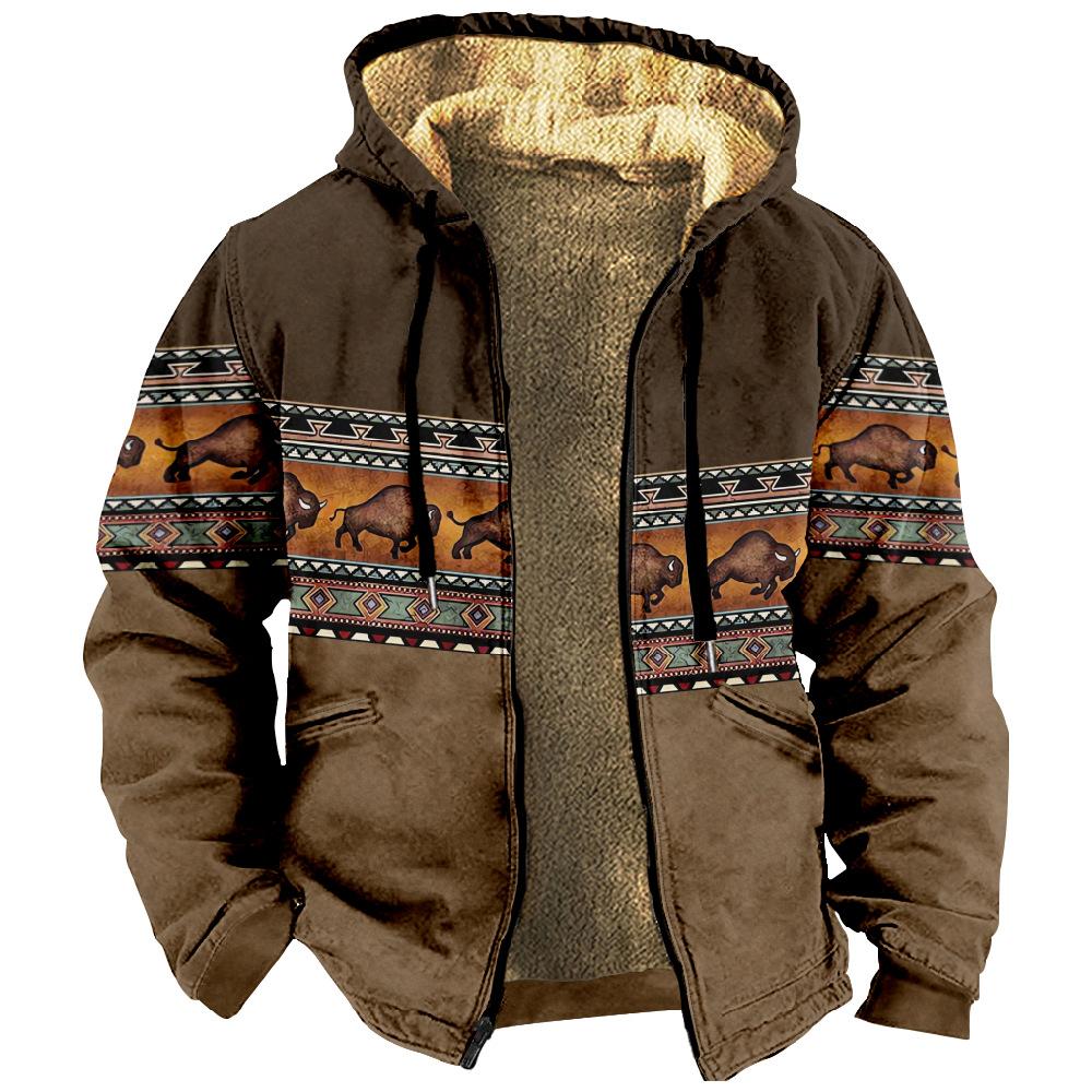 Vintage Winter Jackets Men Bison Print Design Motorcycle Jacket Casual Long Sleeve Coats Versatile Hooded Sweatshirts