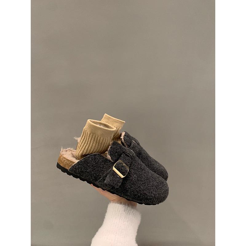 Retro belt buckle velvet slippers women's new lazy one-pedal warm bag head slippers