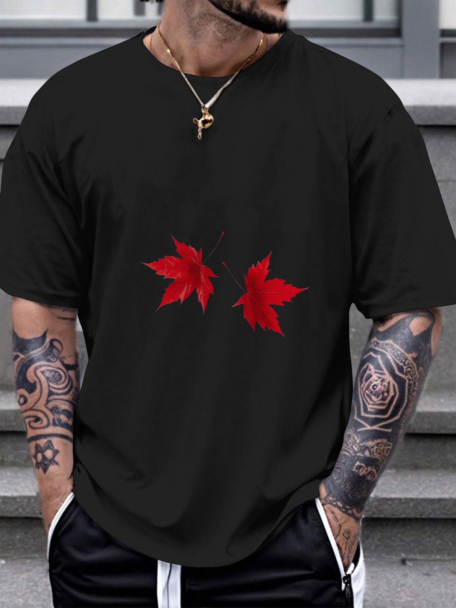1pc Casual Crew Neck Short Sleeve T-shirt - Black with Red Maple Leaf Vector Art Design M