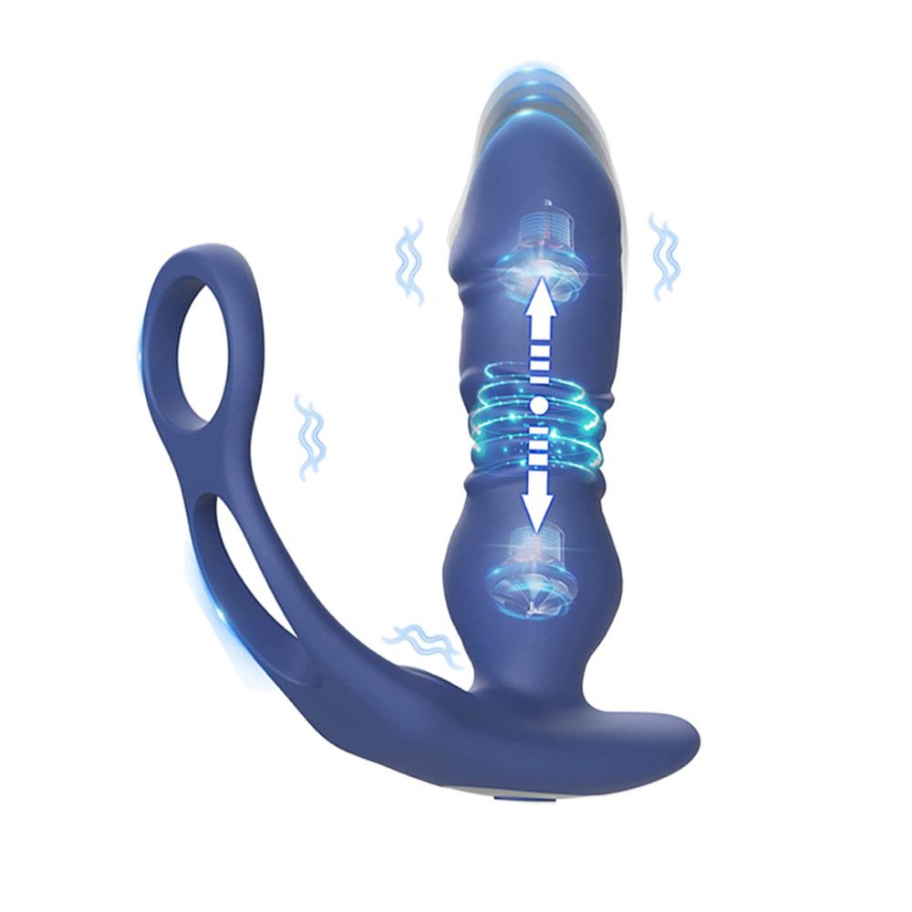 Blue Remote Control Anal Prostate Vibrator with Double Ring Lock and Telescopic Function