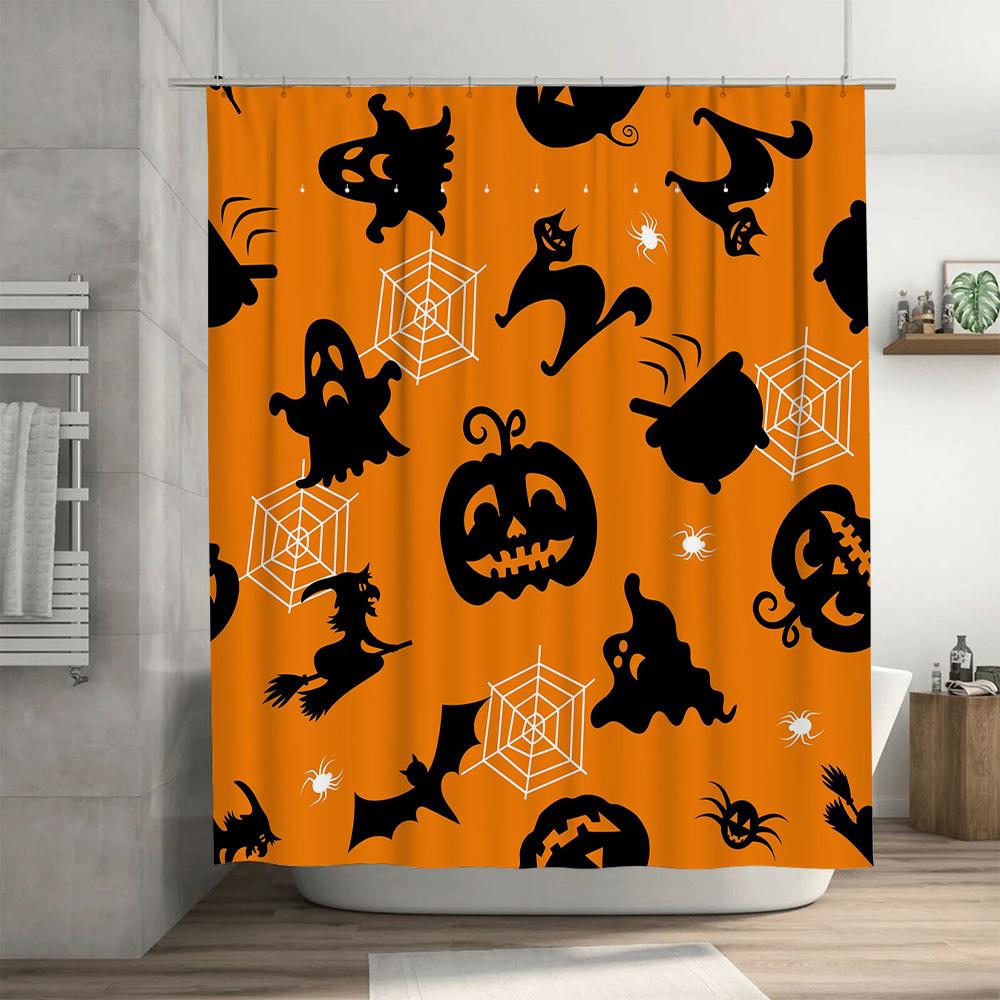 Halloween-Duschvorhang mit gruseligen Motiven für Badezimmerdekor, orange-schwarzes Farbschema, Hexe Fledermäuse Geister Kürbisse Pat